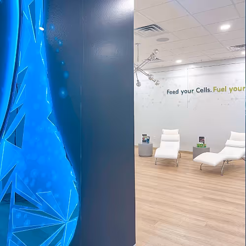 Clients with fibromyalgia relax in a dedicated lounge area before their IV therapy sessions.